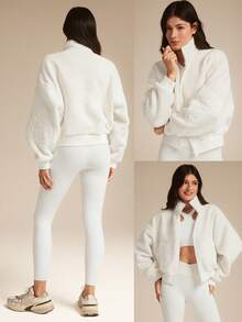 GLOWMODE Cloud Fleece Fuzzy Feels Cozy Warm Lightweight Stand Collar Ribbed Cuffs Hem Hip-Length Relaxed-Fit Fleece Bomber Jacket Autumn Winter Outdoor Daily Casual - White - View 8