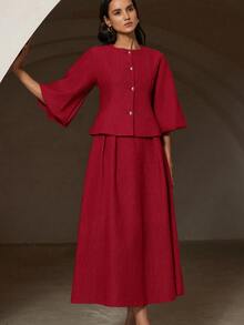 Aveloria Rosie Women's Round Neck Herringbone Single-Breasted Lantern Sleeve Cardigan And Skirt Elegant Waist Cinched Party Outfit - Red - View 4