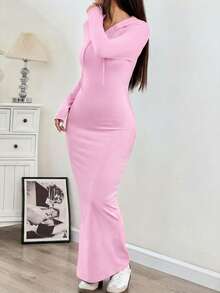 SHEIN EZwear 女士春季连帽抽绳修身长袖针织紧身连衣裙 - 粉色 - 查看 3