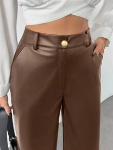 EURMUSE Gold Button Detailed Straight Fit Leather Pants - Brown - View 3