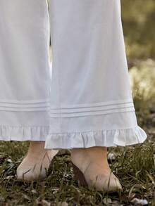 WESTFADE Linen Blend Elastic Waist Pintuck Ruffle Hem Loose Fit Wide Leg Pants,White,Autumn,,Picnic,Holiday,Casual Cute Western Wear Boho Winter NYE - White - View 4