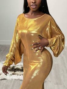 BamGleam 女士秋冬性感露背金属色美人鱼长款派对连衣裙 - 金色 - 查看 6