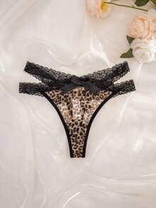 SHEIN Lace Patchwork Leopard Print Mesh Big Bow Thong Panties Bowknot ClassicAnimalPrint - Multicolor - View 3