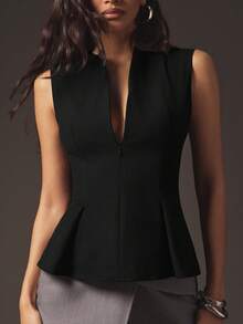 Hauture 女式性感办公室休闲前拉链荷叶边修身无袖上衣