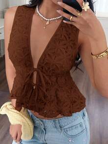 Serisse Blusa sin mangas con nudo delantero y estampado floral 3D, para verano - Marrón - Ver 6