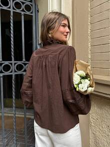 Serisse Women's Casual   100% Cotton Brown  Shirt With Embroidery, Frill Trim And Single-Breasted Button Closure,Brown ,Elegant Women's Blouses Brown Blouse Eyelet Blouse Spring - Coffee Brown - View 2