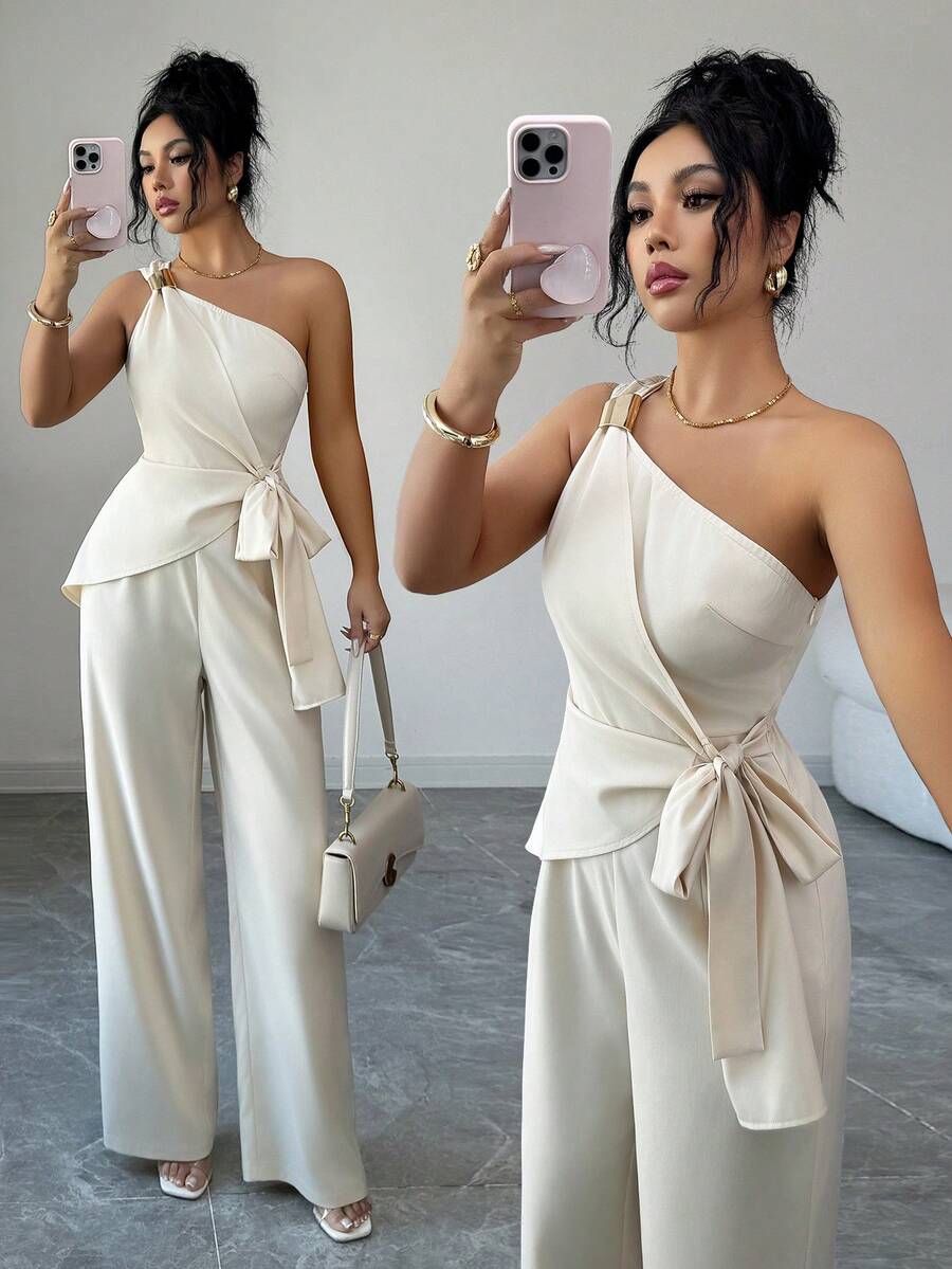 Elenzga Bộ đồ liền thân ống rộng không tay thắt nút bên hông màu trơn dành cho nữ - Màu Khaki - Xem 1