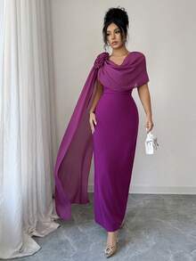 Rafferiza 女士浪漫优雅时尚约会晚宴假日茶歇裙，饰有花卉图案腰带和开衩设计，适合春、夏、秋季穿着。 - 中紫紅色 - 查看 5