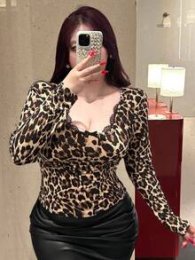 Dazy Plus 弹力修身撞色蕾丝紧身短袖长袖加大码女式T恤，春秋季外出上衣 - 卡其色 - 查看 3