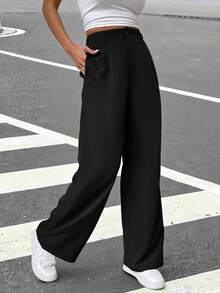 Muchica 通勤风黑色纯色斜插口袋裤 - 黑色 - 查看 3