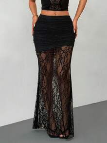 SHEIN Tall Women's Elegant Romantic Fashion Commute Sexy Black Lace Maxi Skirt, Tight Lace Skirt, Beach Holiday Ladies Skirt, Back To School Graduation Season Women's Wear, Romantic Date, Birthday, Easter Ladies, Brazilian Carnival, Music Festival, Wedding Season, Brunch Ladies Skirt, Bohemian Style, Fairy Style Skirt - Black - View 1