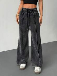 SHEIN PETITE 女士高腰宽松喇叭运动裤，做旧黑灰色，秋冬款 - 灰色 - 查看 3