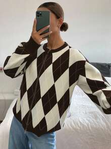 Livesso Autumn/Winter Loose Business Casual Geometric Pattern Color Block Knit Cardigan, Elegant Office Wear For Women - Brown - View 5
