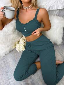 Lace Trim Cami Top & Pants PJ Set / Pajama Set Lounge Set