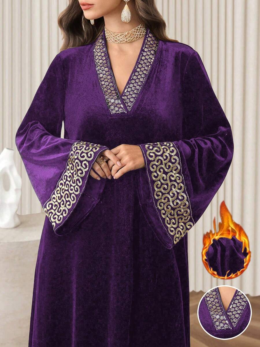 Al Najma Black Velvet V-Neck Sequin Embroidered Fit & Flare Party Dress, Elegant For Autumn/Winter - Purple - View 1