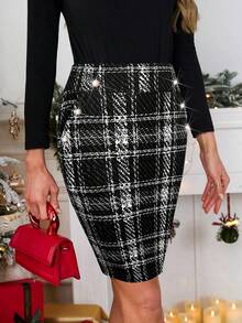SHEIN Clasi Women's Autumn/Winter Fashionable Plaid Fitted Skirt - Black and White - View 1
