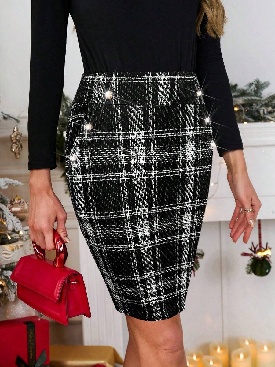 SHEIN Clasi Women's Autumn/Winter Fashionable Plaid Fitted Skirt - Black and White - View 1