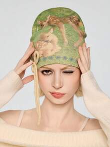 ROMWE Fairycore 1顶绿色双面印花鹿与花卉图案蝴蝶结针织连帽帽，时尚简约设计，百搭女士针织帽，适合日常、上学、聚会、购物等场合佩戴。 - 綠色 - 查看 3