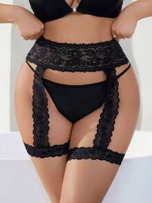 Lace Plus-Size Sexy Panties + Garter Belt 2pcs Set - Black - View 1