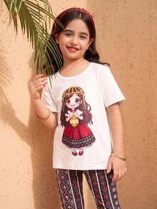 2pcs Girls Ramadan Crescent Moon Print Short Sleeve Top & Diamond Pattern Flare Pants Set, Suitable For Daily Outings, Spring/Summer - Black - View 7