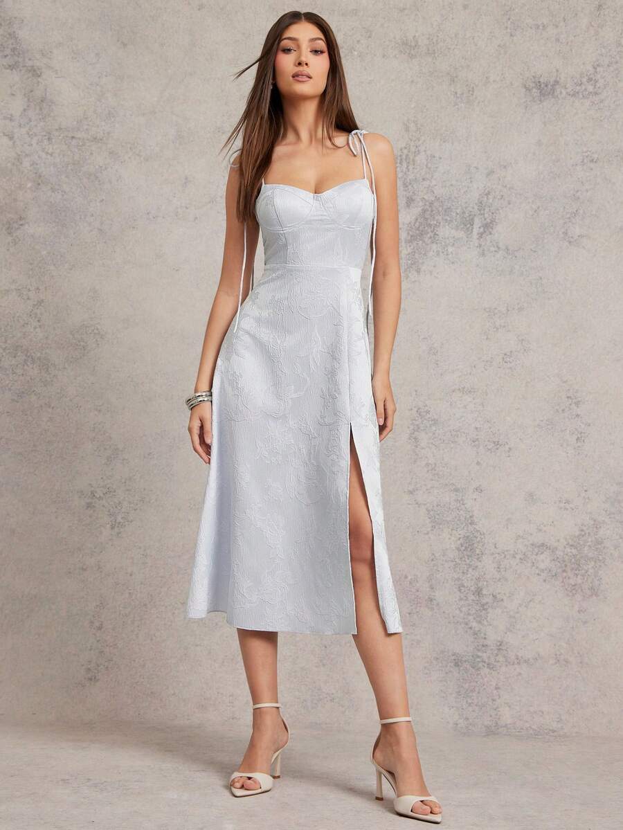 L'Amorae Jacquard Satin Tie Shoulder Midi Length Bustier Dress With Slit - Blue - View 1
