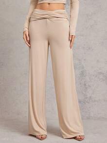 L'Amorae Pantalones de punto de pierna recta con detalle de torsión, cómodos y casuales para la primavera - Caqui - Ver 2