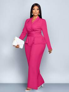 SOLERSUN Bộ đồ hai mảnh áo thun dài tay cổ chữ V màu đỏ trơn thanh lịch dành cho nữ cỡ lớn mùa thu/đông, viền bất đối xứng, trang phục thường ngày đi làm, thích hợp mặc đi mua sắm và các dịp khác - Màu Hồng Tươi - Xem 1