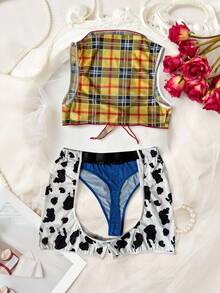 SHEIN 性感女牛仔服装，3 件套：格子牛仔印花无袖上衣和腿袜 - 彩色 - 查看 2