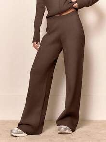 MUSERA Knit Straight Leg Trousers Bottom Only Winter Loungewear Cosy Work Cute Elegant Casual Chic Spring Vacation - Chocolate Brown - View 2