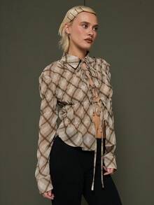 COUREZ Long Sleeve Top With Front Ties In Check /Y2K Spring Going Out Tops For Women Party Tops Summer Tops Top Elegant Streetwear Brown Tops Festivals - Brown - View 7