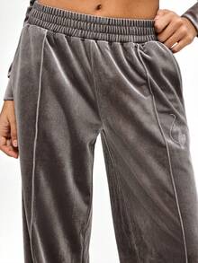 BABYPHAT Wide Leg Velour Trackpants With Embroidered Logo Elastic Waistband Side Pockets Luxurious Comfortable Loungewear Fall Winter Casual Pants - Grey - View 8
