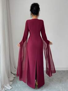 Elenzga Burgundy Elegant Autumn Chiffon Long Dress,Crew Neck Long Sleeves Waist-Cinching Sash Sleeves New Year Outfit,Suitable For Dining Parties&Gatherings - Burgundy - View 2