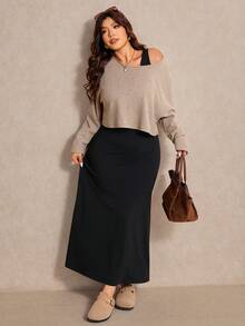 Elaquor 大码休闲纯色上衣和连衣裙两件套，秋季