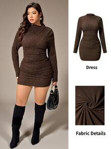 Auralis Plus Size Chocolate Brown Autumn Elegant Night Out Club Long Sleeve Mini Dress,Ruched Textured High Stretch Slim Fit Bodycon Commuter Formal Dinner - Brown - View 2
