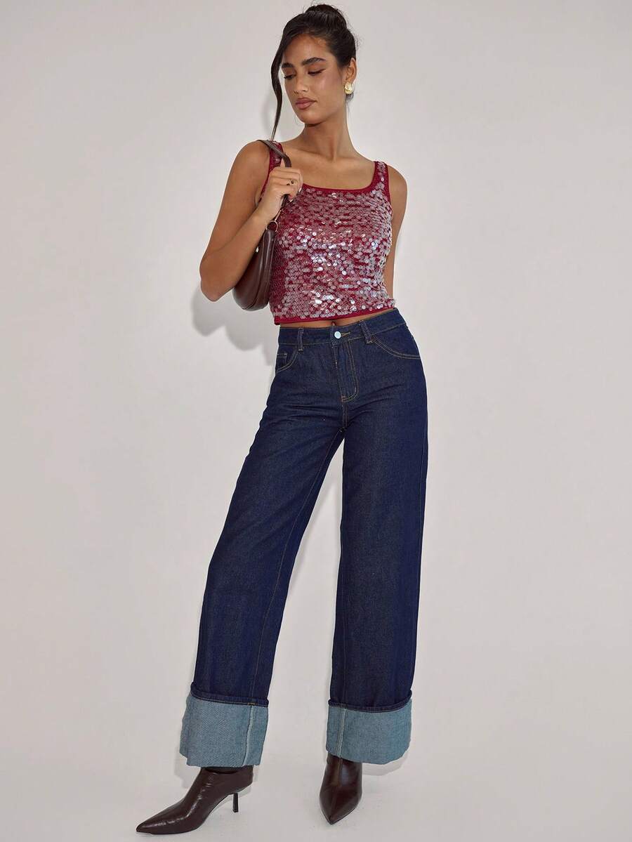 SHEIN BAE Women's New Year's Party Rave Party Sequined Square Neck Top / Party Top / Club / Evening Top / Red Top/Sequin Top/Glitter Top/New Year/Women's New Year's Eve Top,Tank Top - Burgundy - View 1