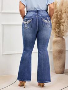 EMERY ROSE Plus Size Women's Slim Fit Flare Leg Embroidered Jeans Winter New Year - Medium Wash - View 3