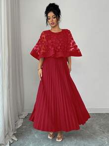 Elenzga 女士圆领网纱拼接贴花披肩设计时尚生日派对婚礼礼服 - 紅色 - 查看 3