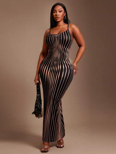 Radiana Plus Size Women's Casual Sexy Streamlined Striped Body Structure Line Positioning Print Pattern Spaghetti Strap Dress For Women, Suitable For Summer, Vacation, Party Chic Dress Slay Diva Dress Bodycon Maxi Dress Vertical Stripe Dress Sexy Long Dress
