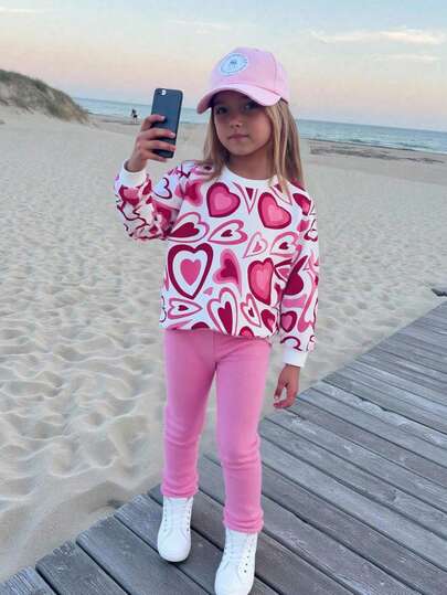 2pcs/Set Girls Casual Heart Print Long Sleeve Top And Pink Pants Outfit, Cute School Style