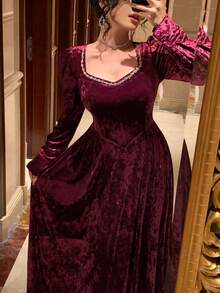 DAZY Women's Sweetheart Collar Raglan Sleeve Waist Cinched Elegant Long Dress - Burgundy - View 1