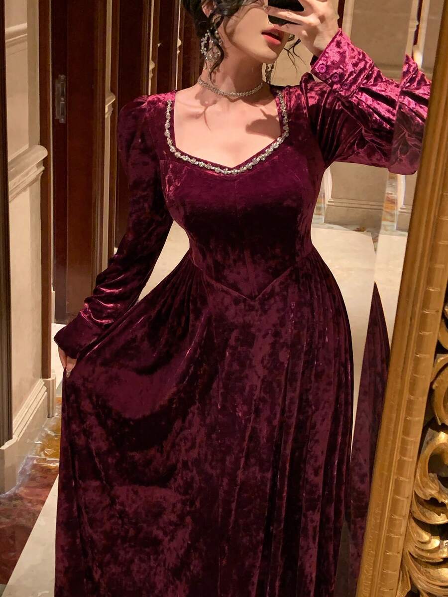 DAZY Women's Sweetheart Collar Raglan Sleeve Waist Cinched Elegant Long Dress - Burgundy - View 1