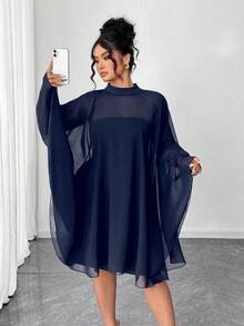 Elenzga 大码女士简约时尚雪纺披肩和无袖短裙两件套 - 藏蓝色 - 查看 3