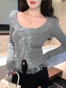 DAZY Women's Sweet Round Neck Lace Patchwork Fitted Flare Sleeve Cardigan Spring - Grey - View 6