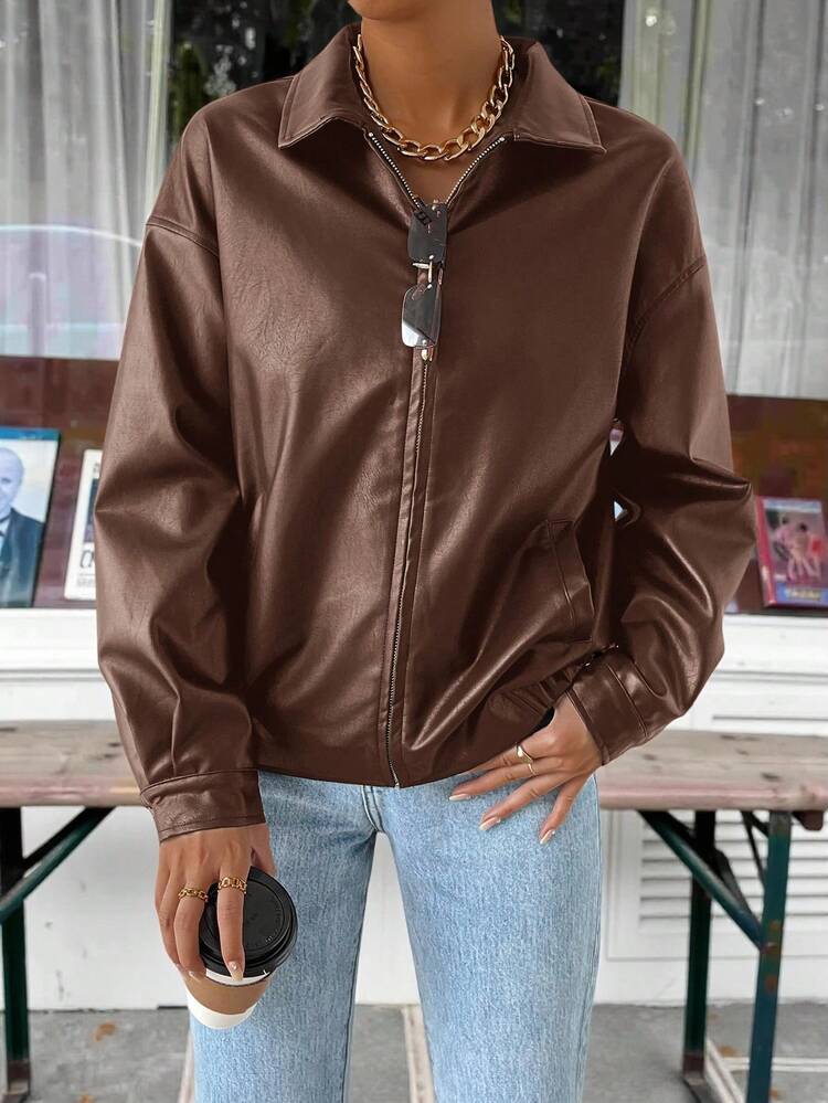 SHEIN EZwear Drop Shoulder Zip Up PU Cropped Leather Jacket In Fall/Winter - Brown - View 3