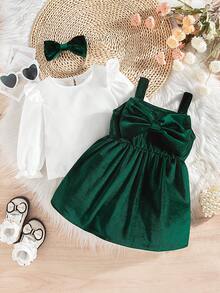SHEIN Bộ ba món váy nhung xanh đơn giản thời trang cho bé gái, áo dài tay, cài nút, xếp nếp màu trắng, băng đô nơ, thích hợp mặc vào mùa xuân, mùa thu, mùa đông, mặc hàng ngày, ngoài trời, tiệc tùng, làm quà tặng - màu xanh lá - Xem 7