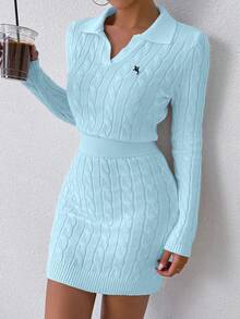 Rafferiza Pony Logo White Cable Knit Sweater, Embroidered Polo Collar Top, Fitted Sexy Dress For Women - Baby Blue - View 4