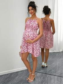 SHEIN 女士夏季收腰孕妇度假约会碎花无袖吊带连衣裙 - 粉色 - 查看 8