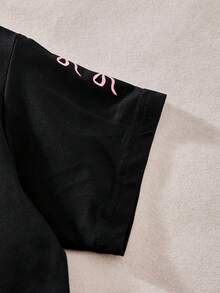 SHEIN 2件套女童休闲可爱简约67号印花圆领短袖T恤和短裤，黑色 - 黑色 - 查看 3