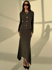 Aloruh Minimalist Commuter Autumn/Winter New Floral Gray Round Neck Tight Metal Button Tight Women Top + Super Long Asymmetrical Hem Women Skirt 2-Piece Set, Casual Sets For Women,Casual Sets For Women - Grey - View 8