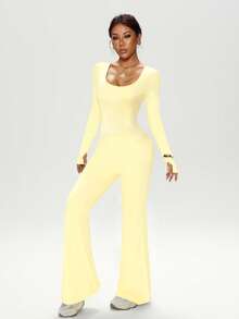 Dewbera Women's Autumn/Winter Jumpsuit, Black Tight-Fitting U-Neck Long Sleeve, Cross Back Strap, Fitted Front Panel, Flared Leg Hem, Suitable For Casual, Running, Yoga, Gym, Tennis And Other Activities - Yellow - View 5